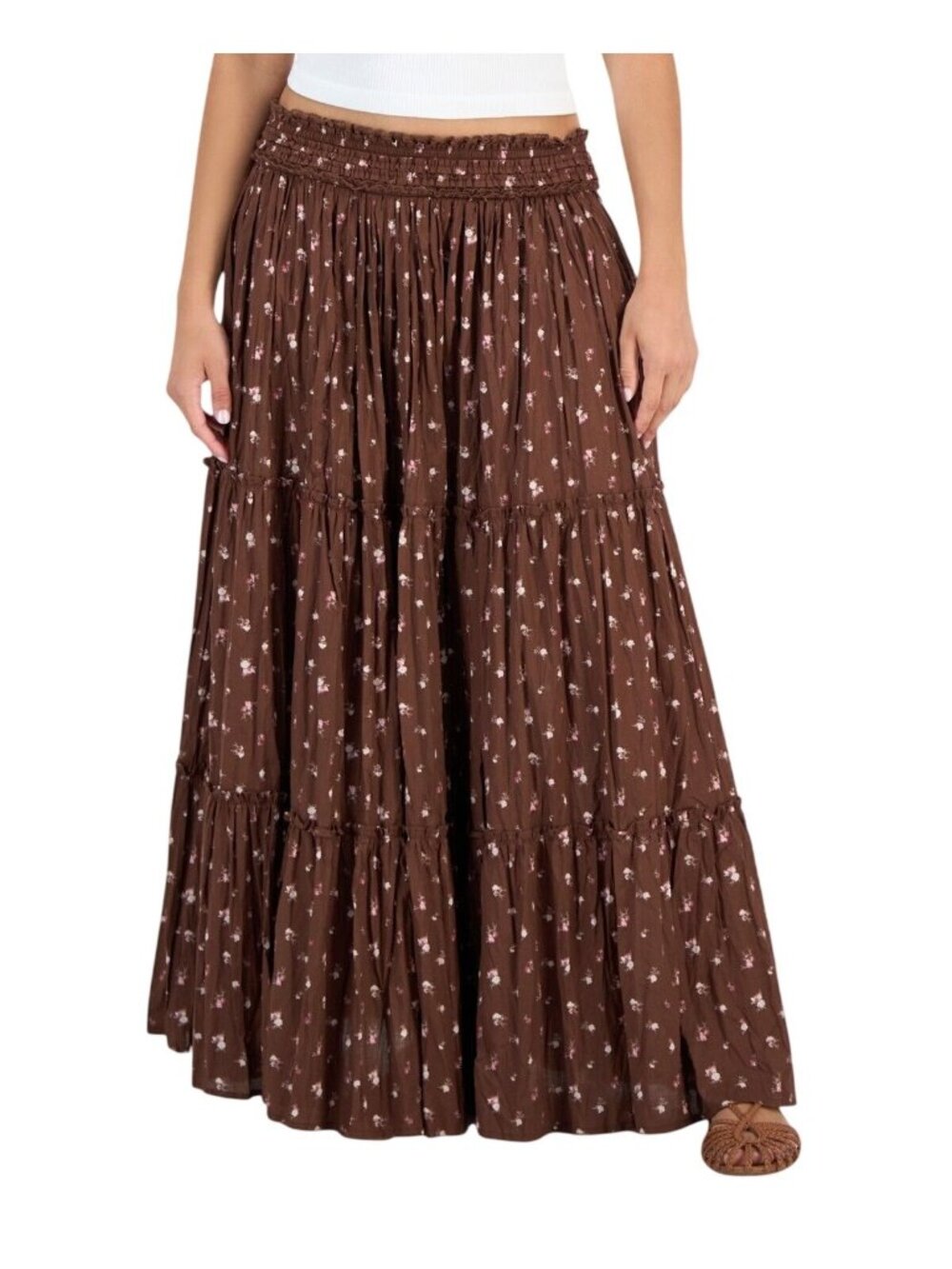 NWT Lucky Brand Chocolate Multi Broomstick Tiered Maxi Skirt XS MSRP $90